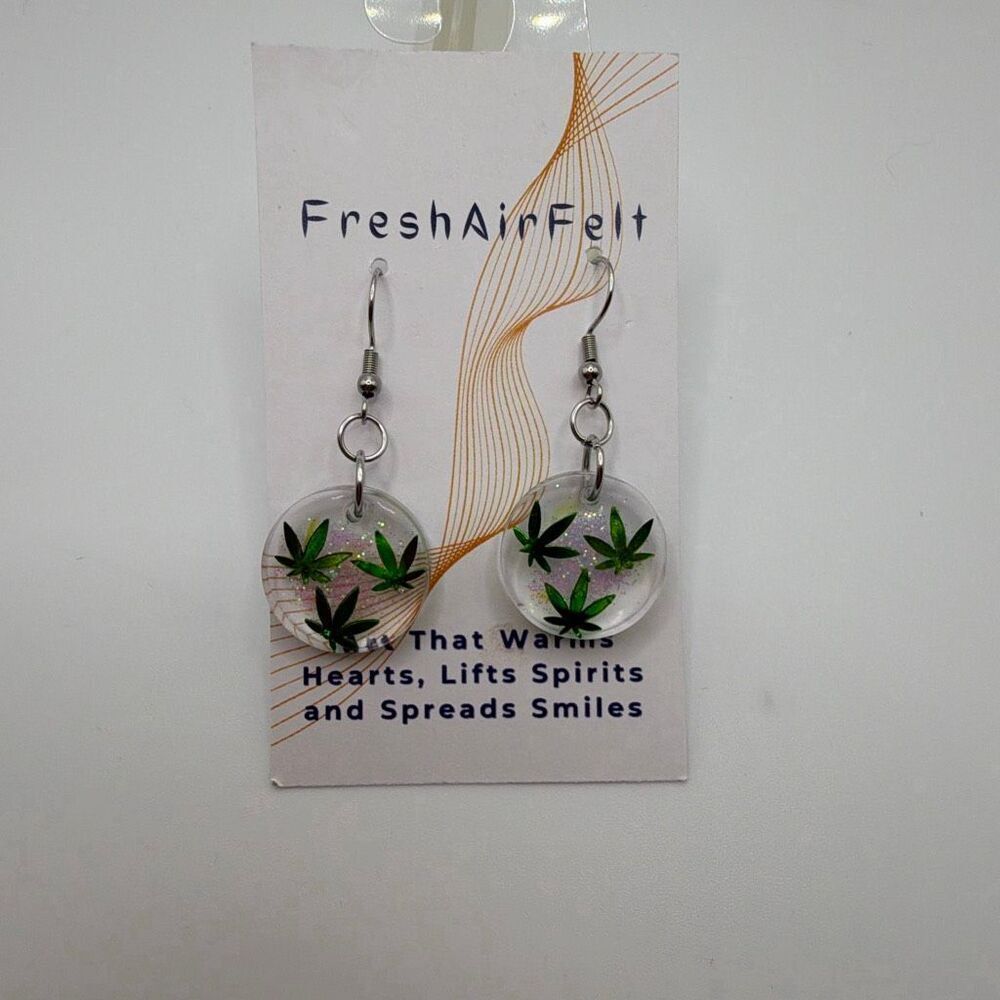 Stoner, grass sparkle Unique hand crafted Resin Stainless drop steel earrings